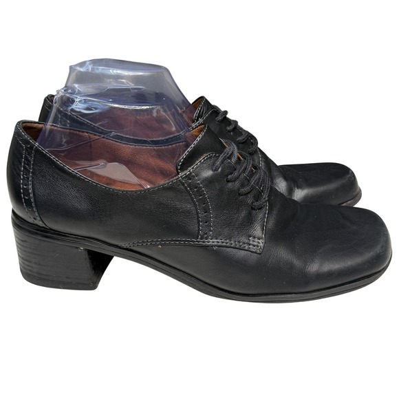 Vtg Y2K Naturalizer Oxford Shoes 9 Black Leather Lace Up Chunky Heel Square Toe - Picture 1 of 11